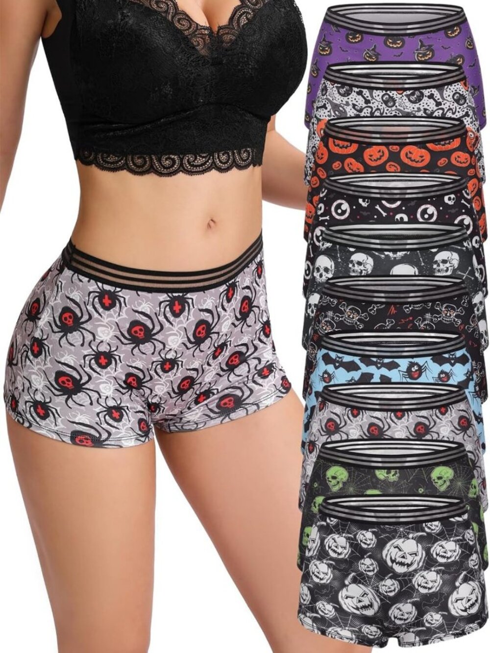Gothic Print Boyshorts - 10 Pack High Waist Elastic Halloween Skull Underwear